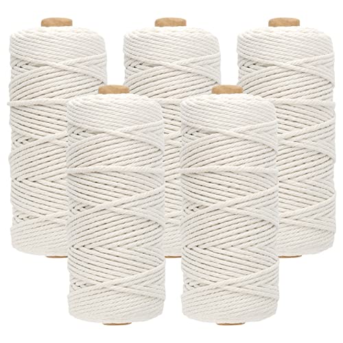 ZEONHEI 5 Stück 5 Rollen 3mm x 100m Makramee Garn, Weiß Natur Kordel Schnur Garn,Makramee Garn 3mm Weiß, Makramee Baumwolle Garn für DIY, Handwerk Hängender Topf,Zusammenstellung Der Dekorationen von ZEONHEI