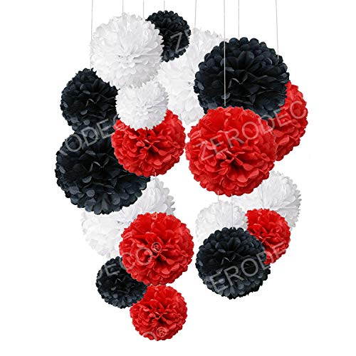 ZERODECO 18 Stück Schwarz, Rot und Weiß Seidenpapier Pompoms Blumen Ball Dekorpapier Kit für Geburtstag Hochzeit Baby Dusche Parteien Hauptdekorationen und Partei Dekoration von ZERODECO