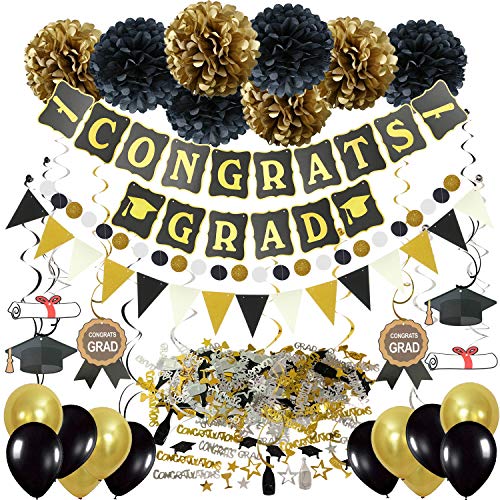 ZERODECO Abschlussdekorationen, Schwarz und Gold Congrats Grad Banner mit Seidenpapier Pom Poms Dreieckige Wimpel Girlande Spiralen Dekoration Abschluss Konfetti und Luftballon von ZERODECO