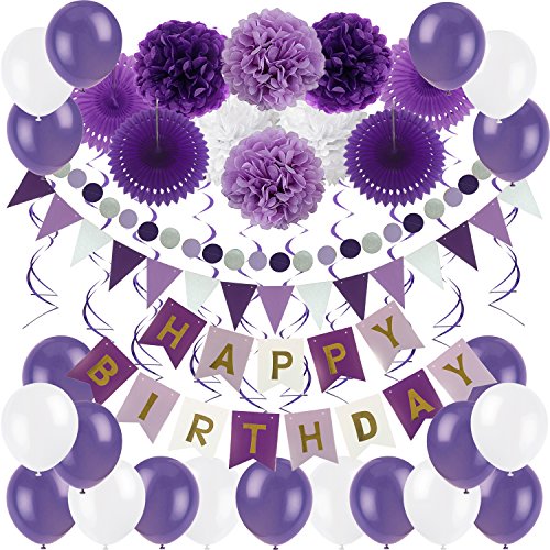 ZERODECO Geburtstagsdeko Violett, Happy Birthday Banner Girlande mit Pompoms Papier Girlande Fans Fächer Dreieckige Wimpel Spiral Girlanden und Luftballon von ZERODECO