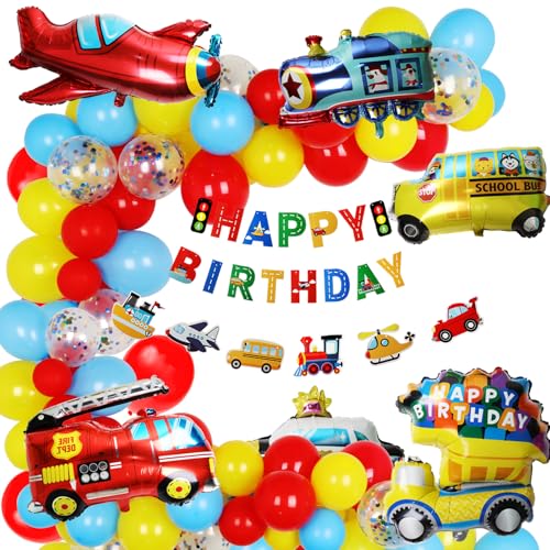 ZERODECO Kindergeburtstag Deko, Orange Rot Gelb Geburtstagsfeier zum Thema Transport Happy Birthday Banner Flugzeug Zug Polizeiwagen Schulbus Yacht Feuerwehrauto Ballons für Kinder Baby Junge Party von ZERODECO