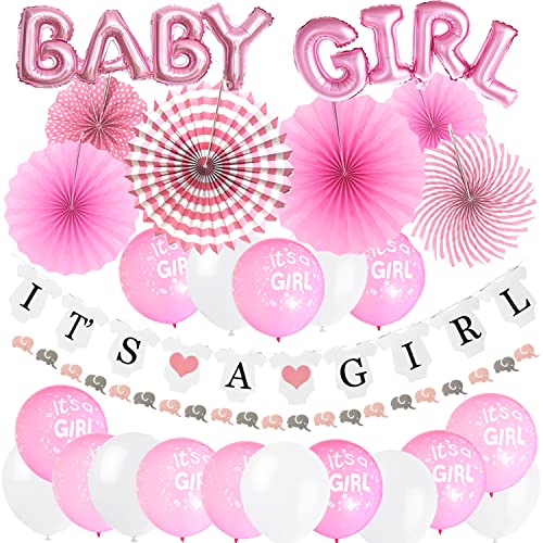 ZERODECO Mädchen Baby Dusche Dekoration, Rosa It's A Girl Girlande Oh Baby Folie Ballons Aufhängen Fächer Girlande Banner und Luftballons für Baby Shower Babydusche von ZERODECO