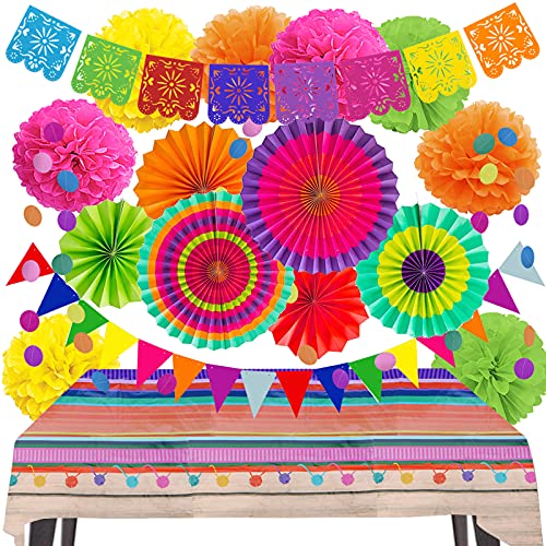 ZERODECO Mexiko Fiesta Party Dekorationen, Mehrfarbig Geburtstags Dekorationen mit Papierfächer Pompom Tischdecke Mexikanisches Banner Girlanden zum Cinco de Mayo Fiesta Geburtstags Party von ZERODECO
