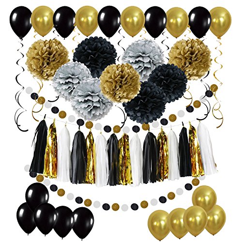 ZERODECO Partei Dekorationen, Pompoms Blumen Spiral Girlanden Quasten Girlande Polka Dot Papier Girlande und Luftballon für Geburtstag Parteien Hauptdekorationen-Schwarz, Gold und Silber von ZERODECO