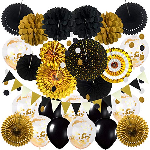 ZERODECO Party Dekoration, Schwarz Gold Konfetti Ballons Papier Pompoms Aufhängen Fächer Dreieckige Wimpel und hängende Girlande Partyzubehör Sets für Congratulations Graduation Geburtstag Party von ZERODECO