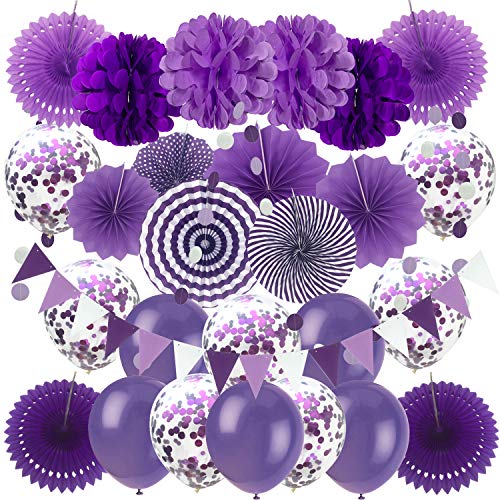 ZERODECO Party Dekoration, Violett Konfetti Ballons Papier Pompoms Aufhängen Fächer Dreieckige Wimpel und hängende Girlande Partyzubehör Sets für Hochzeit Babyparty Kinderzimmer Geburtstag Party von ZERODECO