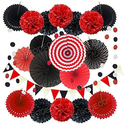 ZERODECO Party Dekoration Papier Pompoms, Rot und Schwarz Aufhängen Fächer Dreieckige Wimpel und hängende Glitter Punkt Papier Girlande Dekorpapier für Party Hochzeit Geburtstag von ZERODECO