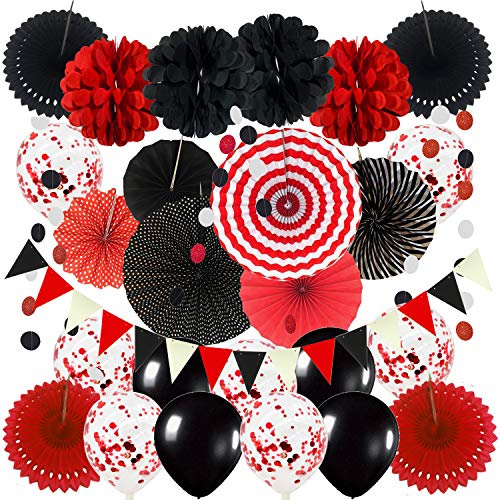 ZERODECO Party Dekoration Papier Pompoms, Schwarz und Rot Aufhängen Fächer Dreieckige Wimpel und hängende Glitter Punkt Papier Girlande Dekorpapier von ZERODECO