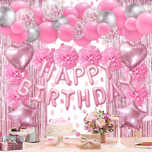 ZERODECO Rosa Geburtstagsdeko, Happy Birthday Girlande Pompons Fransen Vorhang Luftballons Geburtstagsdeko Mädchen Geburtstagsdeko Frauen Damen Kindergeburtstag Deko Geburtstag Party Zubehör von ZERODECO