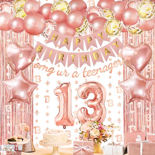 ZERODECO Roségold Geburtstag Party Dekorationen 13th, Omg Ur a Teenager Happy Birthday Banner Vorhang 13 Girlande Folie Konfetti Ballons für Frauen Mädchen Königin Prinzessin Geburtstag Party von ZERODECO