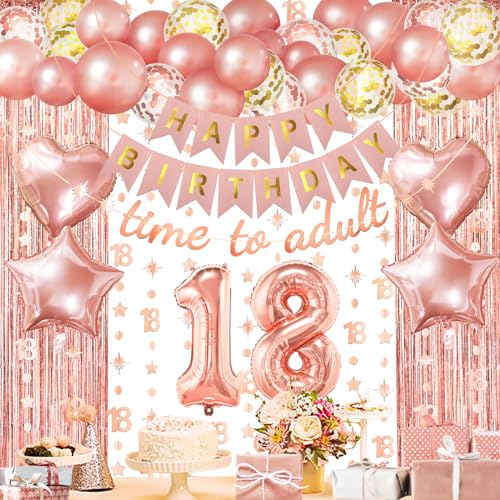 ZERODECO Roségold Geburtstag Party Dekorationen 18th, Time To Adult Happy Birthday Banner Vorhang 18 Girlande Folie Konfetti Ballons für Frauen Mädchen Königin Prinzessin Geburtstag Party von ZERODECO