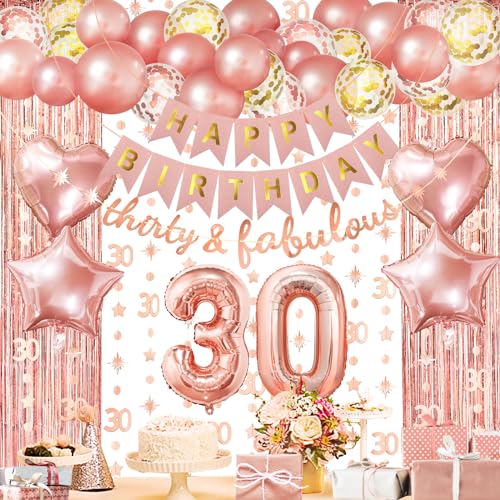 ZERODECO Roségold Geburtstag Party Dekorationen 30th, Happy Birthday Banner Vorhang 30 Girlande Folie Konfetti Ballons für Frauen Mädchen Königin Prinzessin Geburtstag Party von ZERODECO