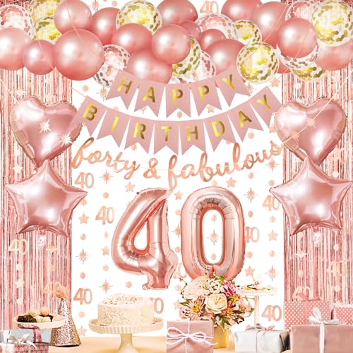 ZERODECO Roségold Geburtstag Party Dekorationen 40th, Happy Birthday Banner Vorhang 40 Girlande Folie Konfetti Ballons für Frauen Mädchen Königin Prinzessin Geburtstag Party von ZERODECO