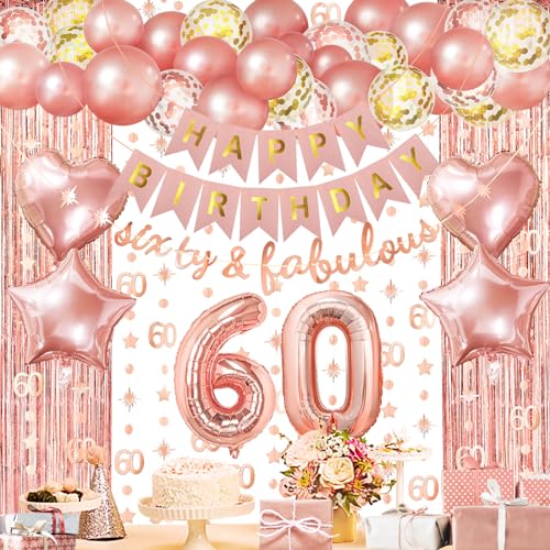 ZERODECO Roségold Geburtstag Party Dekorationen 60th, Happy Birthday Banner Vorhang 60 Girlande Folie Konfetti Ballons für Frauen Mädchen Königin Prinzessin Geburtstag Party von ZERODECO