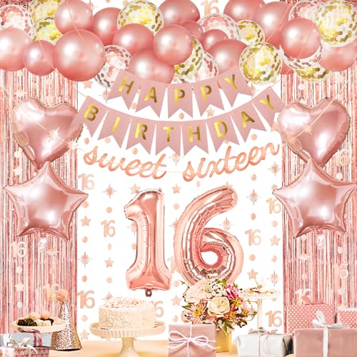 ZERODECO Roségold Geburtstag Party Dekorationen16th, Sweet Sixteen Happy Birthday Banner Vorhang 16 Girlande Folie Konfetti Ballons für Frauen Mädchen Königin Prinzessin Geburtstag Party von ZERODECO