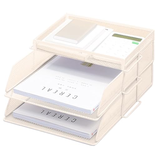 ZESLIV Schreibtisch Organizer mit Aktenhalter, 2-stufiger Briefablage mit Schublade und Obere Box, Mesh Schreibtisch Akten Organizer mit Zeitschriftenhalter für büro organizer, Beige von ZESLIV