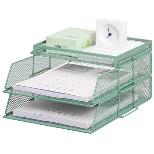 ZESLIV Schreibtisch Organizer mit Aktenhalter, 2-stufiger Briefablage mit Schublade und Obere Box, Mesh Schreibtisch Akten Organizer mit Zeitschriftenhalter für büro organizer, Grün von ZESLIV