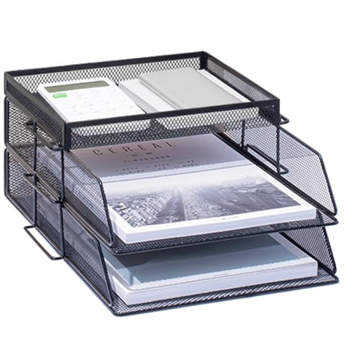 ZESLIV Schreibtisch Organizer mit Aktenhalter, 2-stufiger Briefablage mit Schublade und Obere Box, Mesh Schreibtisch Akten Organizer mit Zeitschriftenhalter für büro organizer, Schwarz von ZESLIV