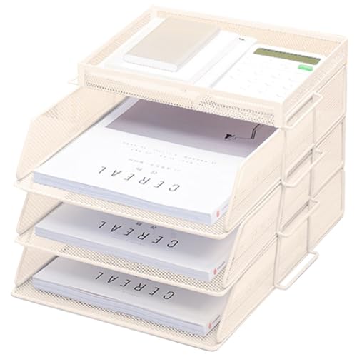 ZESLIV Schreibtisch Organizer mit Aktenhalter, 3-stufiger Briefablage mit Schublade und Obere Box, Mesh Schreibtisch Akten Organizer mit Zeitschriftenhalter für büro organizer, Beige von ZESLIV