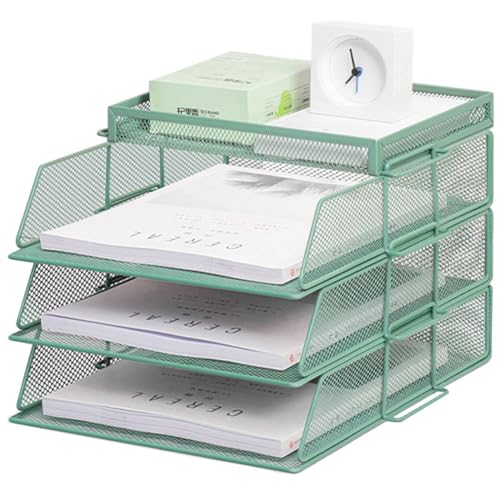 ZESLIV Schreibtisch Organizer mit Aktenhalter, 3-stufiger Briefablage mit Schublade und Obere Box, Mesh Schreibtisch Akten Organizer mit Zeitschriftenhalter für büro organizer, Grün von ZESLIV