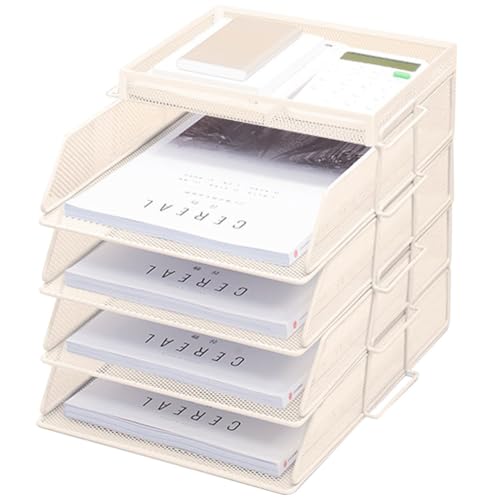 ZESLIV Schreibtisch Organizer mit Aktenhalter, 4-stufiger Briefablage mit Schublade und Obere Box, Mesh Schreibtisch Akten Organizer mit Zeitschriftenhalter für büro organizer, Beige von ZESLIV