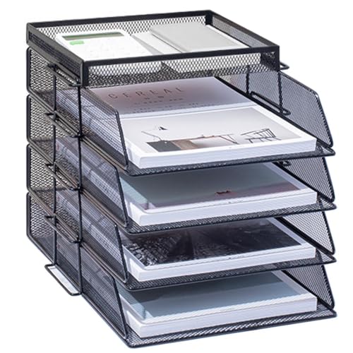 ZESLIV Schreibtisch Organizer mit Aktenhalter, 4-stufiger Briefablage mit Schublade und Obere Box, Mesh Schreibtisch Akten Organizer mit Zeitschriftenhalter für büro organizer, Schwarz von ZESLIV