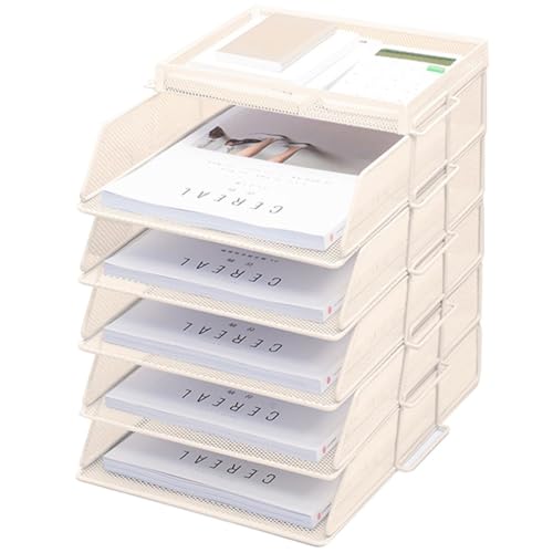 ZESLIV Schreibtisch Organizer mit Aktenhalter, 5-stufiger Briefablage mit Schublade und Obere Box, Mesh Schreibtisch Akten Organizer mit Zeitschriftenhalter für büro organizer, Beige von ZESLIV