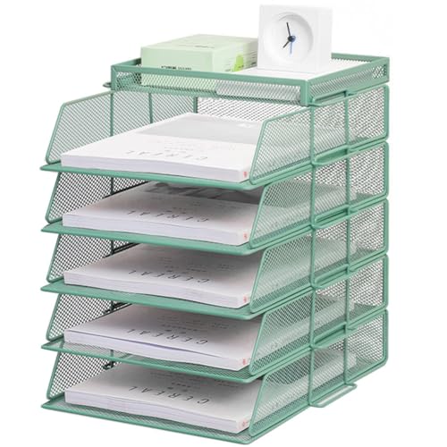 ZESLIV Schreibtisch Organizer mit Aktenhalter, 5-stufiger Briefablage mit Schublade und Obere Box, Mesh Schreibtisch Akten Organizer mit Zeitschriftenhalter für büro organizer, Grün von ZESLIV