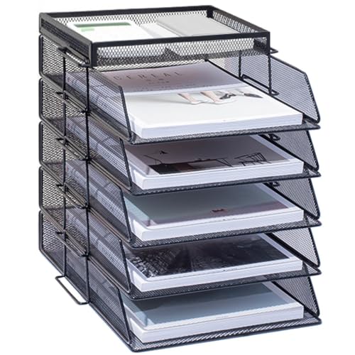 ZESLIV Schreibtisch Organizer mit Aktenhalter, 5-stufiger Briefablage mit Schublade und Obere Box, Mesh Schreibtisch Akten Organizer mit Zeitschriftenhalter für büro organizer, Schwarz von ZESLIV