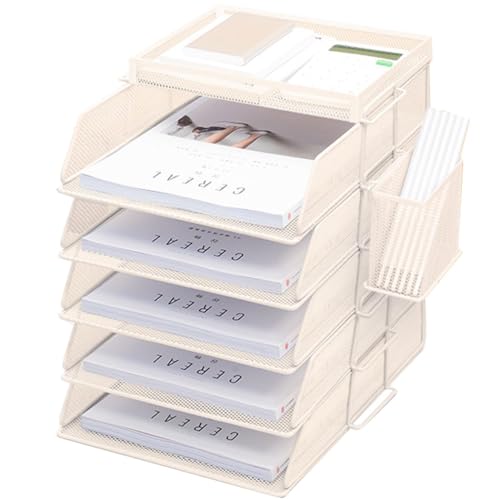 ZESLIV Schreibtisch Organizer mit Aktenhalter, 5-stufiger Briefablage mit Schublade und Stifthaltern, Mesh Schreibtisch Akten Organizer mit Zeitschriftenhalter für büro organizer, Beige von ZESLIV