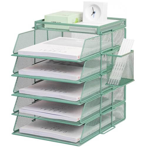 ZESLIV Schreibtisch Organizer mit Aktenhalter, 5-stufiger Briefablage mit Schublade und Stifthaltern, Mesh Schreibtisch Akten Organizer mit Zeitschriftenhalter für büro organizer, Grün von ZESLIV