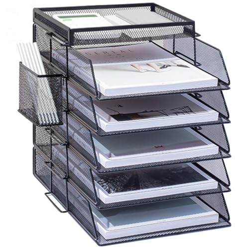 ZESLIV Schreibtisch Organizer mit Aktenhalter, 5-stufiger Briefablage mit Schublade und Stifthaltern, Mesh Schreibtisch Akten Organizer mit Zeitschriftenhalter für büro organizer, Schwarz von ZESLIV