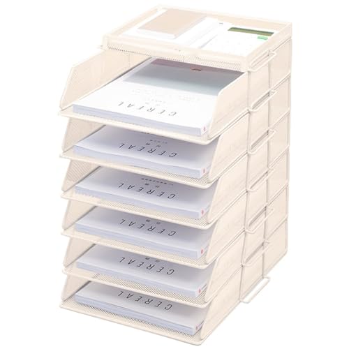 ZESLIV Schreibtisch Organizer mit Aktenhalter, 6-stufiger Briefablage mit Schublade und Obere Box, Mesh Schreibtisch Akten Organizer mit Zeitschriftenhalter für büro organizer, Beige von ZESLIV