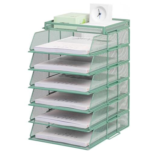 ZESLIV Schreibtisch Organizer mit Aktenhalter, 6-stufiger Briefablage mit Schublade und Obere Box, Mesh Schreibtisch Akten Organizer mit Zeitschriftenhalter für büro organizer, Grün von ZESLIV