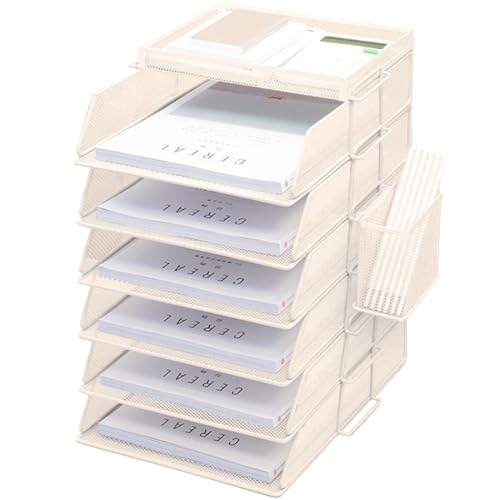 ZESLIV Schreibtisch Organizer mit Aktenhalter, 6-stufiger Briefablage mit Schublade und Stifthaltern, Mesh Schreibtisch Akten Organizer mit Zeitschriftenhalter für büro organizer, Beige von ZESLIV