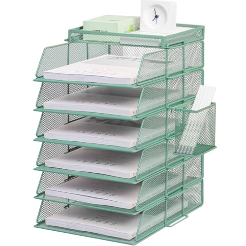 ZESLIV Schreibtisch Organizer mit Aktenhalter, 6-stufiger Briefablage mit Schublade und Stifthaltern, Mesh Schreibtisch Akten Organizer mit Zeitschriftenhalter für büro organizer, Grün von ZESLIV