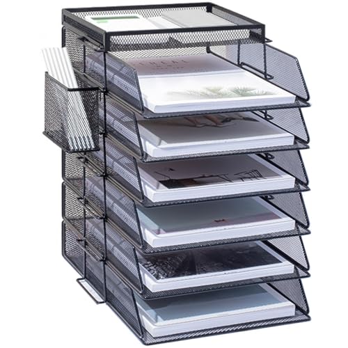 ZESLIV Schreibtisch Organizer mit Aktenhalter, 6-stufiger Briefablage mit Schublade und Stifthaltern, Mesh Schreibtisch Akten Organizer mit Zeitschriftenhalter für büro organizer, Schwarz von ZESLIV