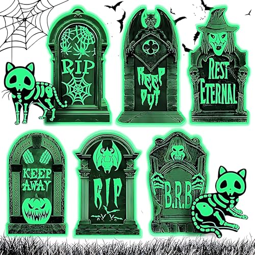 8 Stück Halloween Deko Outdoor Set, 6 Stück RIP Grabstein Halloween Leuchtend, 2 Stück Fluoreszierende Kat, für Garten Rasen, Halloween Events, Karneval, Labyrinthe von ZEXUPORIUM