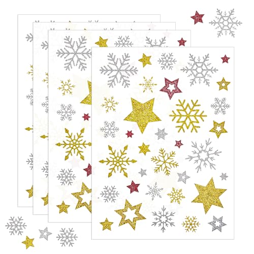 ZEYIYER 4 Blatt Weihnachtsaufkleber, Glitzer Weihnachtssticker, Stern Schneeflocken Aufkleber Etiketten Selbstklebend zum Basteln, für Karten, Geschenke, Adventskalender, Weihnachten Basteln von ZEYIYER