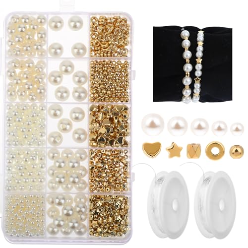 Perlen für Armbänder Gold 720 Stück Pearl Beads for Bracelets Abstandsperlen Perlen set Armbänder, Perlen Armbänder Small Pearl Beads and Gold Beads Beading Kit for Bracelets, Jewelry Making Kit von ZEYIYER