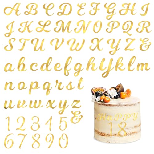 ZEYIYER Buchstaben Tortendeko 64 Stück Buchstaben für Torte Geburtstag Acryl Zahlen 0-9, A-Z Groß Kleinbuchstaben, Goldne Acryl Kuchen Deko, Spiegelbuchstaben Gold Deko für Geburtstag Hochzeit von ZEYIYER