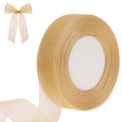 ZEYIYER Goldband, 40 m Geschenkpapierband, 2,5 cm, durchsichtiges Festival-Geschenkkorb, Chiffon-Blumen-Bouquet, Organzaband für Geschenkverpackungen, festliche Blumensträuße, Feiern, Einladungen, von ZEYIYER