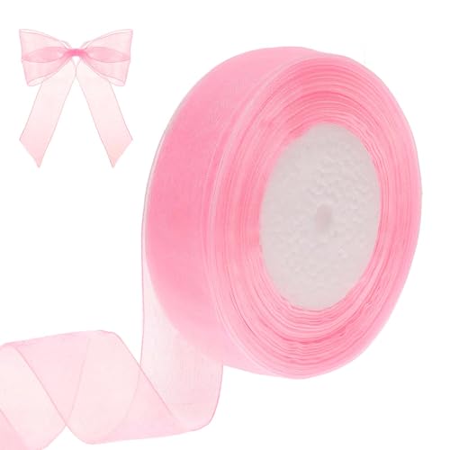 ZEYIYER Pinkes Band, 2,5 cm x 40 m, transparentes Organzaband für Blumenstrauß, rosa Festival-Geschenkkorb, Chiffonband für Geschenkverpackungen, Hochzeit, Blumenparty, Heimdekoration von ZEYIYER