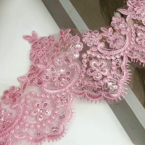 1 Yard/13 cm weiß/elfenbeinfarbener Pailletten-Kordelstoff, Blumennetz-Spitzenbesatz, Applikation zum Nähen, Basteln für Hochzeiten, Dezember, Rosa von ZEYRU