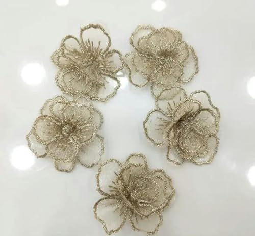 10 Stück/Los, 4 cm, 3D-Blume, Gold/Elfenbein, bestickte Organza-Spitzenapplikation, luxuriöse Pailletten, DIY-Spitzenstoffbesatz – Gold – 10 Stück von ZEYRU