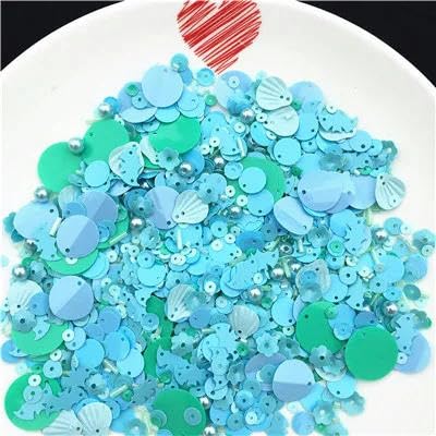 10 g Mix flache, runde, ovale PVC-Pailletten, Glasperlen, Trompeten, Nähen, Basteln, einfarbig, Blau, Mint von ZEYRU