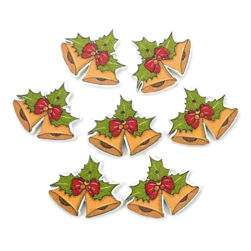 50 Stück 25 x 25 mm Weihnachts-Holzknöpfe, Scrapbooking, DIY-Bastelarbeiten, 2-Loch-Flatback-Druck, kleine Glocke, Nähknopf für Kleidung, A, 25 x 25 mm von ZEYRU