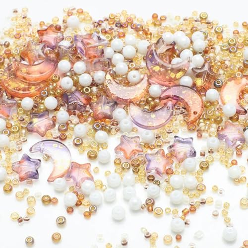 Gemischte Stern-/Mond-Kristallglasperlen, Rocailles-Perlen, lose, runde Perlen zum Selbermachen von Schmuck, Basteln, Armbändern, Halsketten, Ohrringen, Orange von ZEYRU