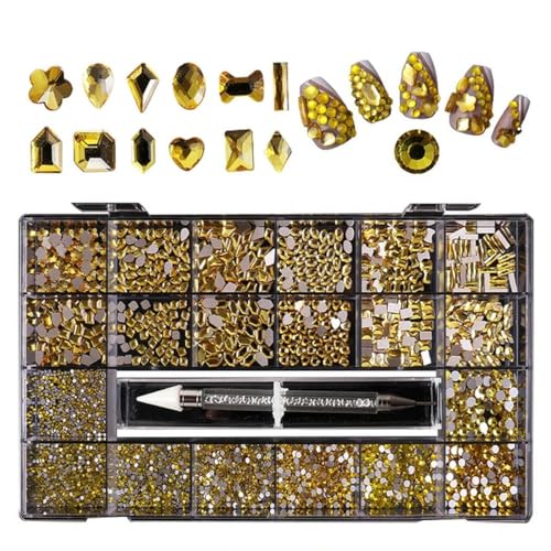 Luxuriöses Set mit glänzenden Diamant-Strasssteinen für Nagelkunst, Glaskristall-Dekorationsset, 1 Pick-Up-Stift in einer Gitterbox, 21 Formen mit 2500 Stück, von ZEYRU