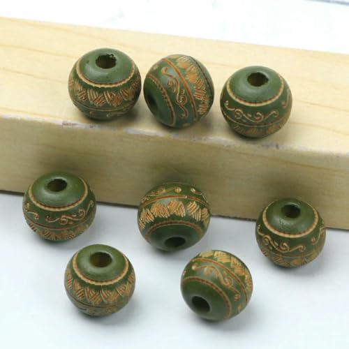 Natürliche Holzperlen, 10 mm, lose, farbige Holzperlen, geschnitztes dekoratives Muster, runde Kugeln, Perlen zur Schmuckherstellung, DIY-Zubehör, Dunkelgrün, 10 mm, 10 Stück von ZEYRU